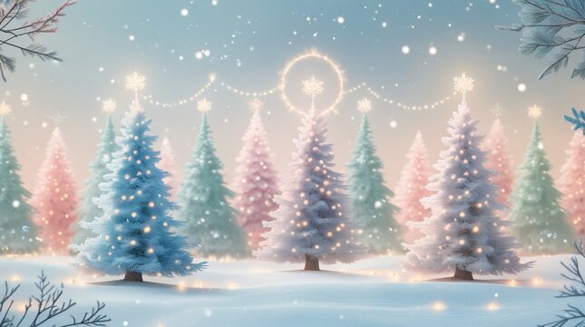 seamless pattern of softly glowing pastel Christmas trees with halo light aura, gentle snow mist background