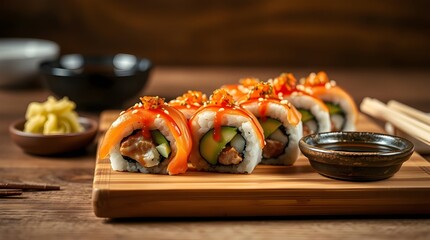 Fresh Japanese salmon sushi rolls, a gourmet seafood meal or appetizer on a white plate.