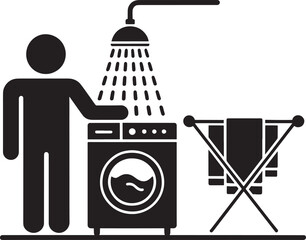 Laundromat vector icon depicting washing machine and drying clothes together