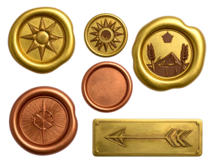 Six golden and bronze decorative seals, embossed with various sun and directional motifs