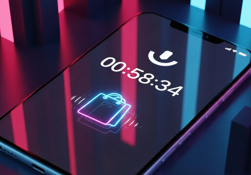 Neon countdown timer on smartphone screen for flash sale shopping app in futuristic light