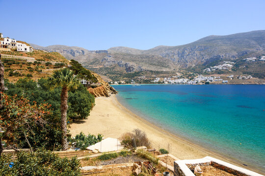 Levrossos beach, one of the best sandy beach of Amorgos. Cyclades, Greece