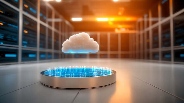 A futuristic representation of cloud computing technology in a digital server environment.