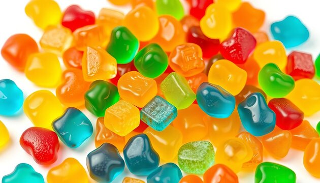 Assorted colorful gummy candies arranged on white background,  sugar,  gummy worms - Powered by Adobe