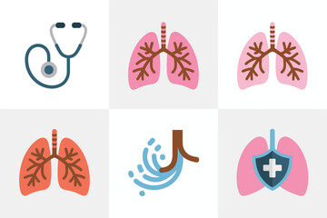 Obraz premium Colored outline vector icons for lung and heart care, showing respiratory system, medical stethoscope, and health protection shield.