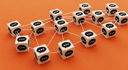 Connected speech bubble blocks represent communication on orange background