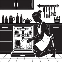 Cartoon illustration vector of a man working on a laptop at a hotel desk with family silhouette in the room