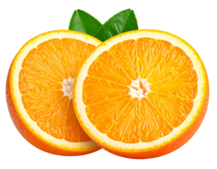 Two orange slices with visible segments and green leaves, against a black background