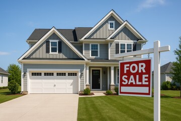 Suburban house with a FOR SALE sign in front of a white garage and gray siding home real estate