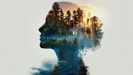 A serene double exposure image of a woman's silhouette filled with a tranquil forest and water scene, symbolizing harmony with nature.
