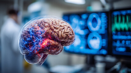 A futuristic visualization of a human brain, showcasing neural activity, surrounded by advanced medical technology.
