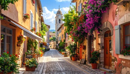 Fototapeta premium Cobblestone street in a charming village lined with colorful buildings and blooming flowers.