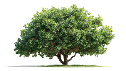 Fototapeta premium A lush tree with green leaves and a few red fruits standing alone on a white background