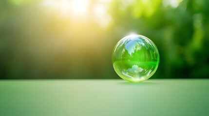 A glistening green globe reflects the beauty of nature, symbolizing environmental sustainability and conservation efforts.