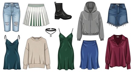 Diverse collection of stylish and trendy women's clothing apparel for various occasions