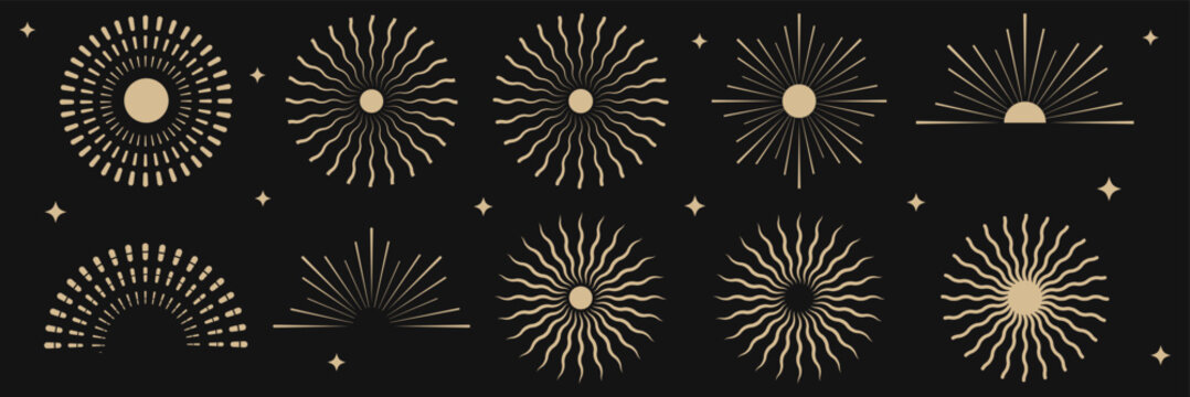 Collection of boho sun and celestial line art set. Mystical sunrise, sunset, and cosmic symbols for spiritual design. Sun rise set, sunset vector icons, sunburst rays collection Sun boho logo