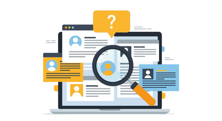 Illustration of a computer screen displaying resumes with a magnifying glass highlighting a profile and a question mark icon, symbolizing job search and recruitment