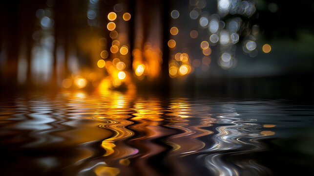 Defocused image of firelight reflecting off glass and water, creating abstract patterns in the darkness of the forest, with copy space.