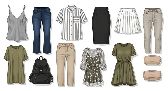 Stylish capsule wardrobe collection featuring versatile women's apparel and a chic backpack