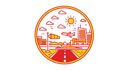 A vibrant circular illustration depicting a modern city skyline with an airplane taking off, set against a bright, sunny sky