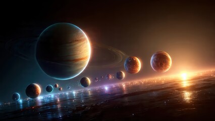 A stunning cosmic scene showcasing a series of planets illuminated by distant starlight, set against a dark, expansive background.