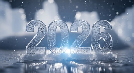 Transparent figures of the year two thousand twenty six with water droplets on a cloudy surface