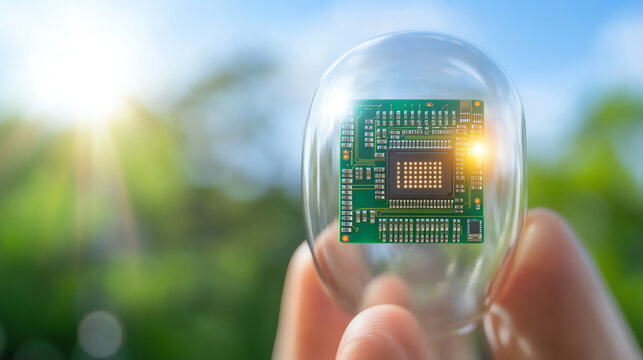 A hand holding a microchip in a glass orb, symbolizing the fusion of nature and technology in innovation.