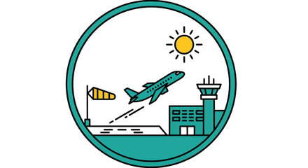 Airplane taking off from airport with control tower and runway on a sunny day, symbolizing travel and departure