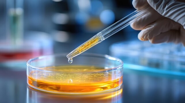 Test Fungal Solution. Lab technician using a pipette to transfer liquid into a petri dish.