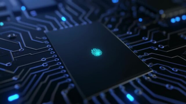 Close-up of a futuristic microchip with a glowing fingerprint on its surface, representing digital security and identity verification in technology - Powered by Adobe