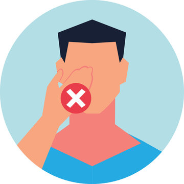 Illustration of a hand with a red circle and cross symbol preventing touch to face against light blue background and white circle boundary
