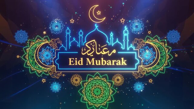 Neon eid mubarak greeting with mosque silhouette and crescent moon, festive islamic celebration