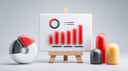 3D illustration of business growth chart with pie and bar graphs on white background