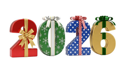 2026 giftbox style number for new year on transparent background