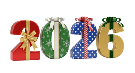 2026 giftbox style number for new year on transparent background