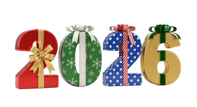 2026 giftbox style number for new year on transparent background