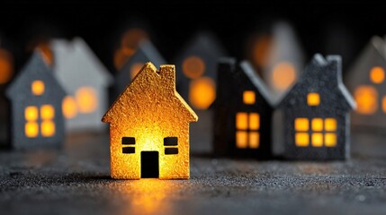 Naklejka premium Glowing miniature house model surrounded by other houses in dark background