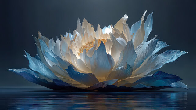 A stunningly luminous and oversized white lotus flower rests serenely on a dark, reflective water surface, radiating serenity and grace.