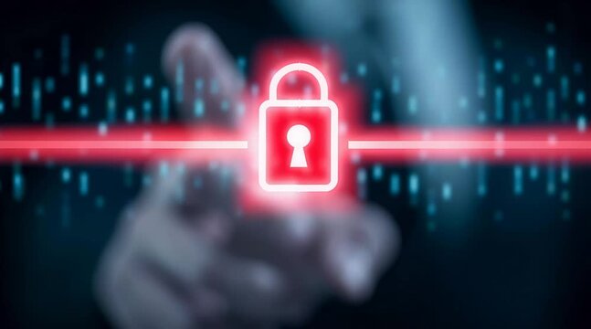 Hand touching red padlock digital security concept protecting sensitive data with hand on prominent red padlock