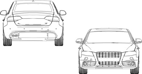 Vector sketch illustration of a silhouette design of a high-class luxury sedan car for officials and rich people, seen from the front and back