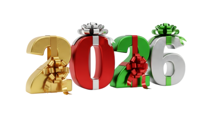 2026 giftbox style number for new year on transparent background