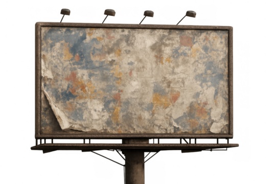 Old blank billboard showing weathered paper texture, featuring peeling paint and torn grunge effect, transparent background