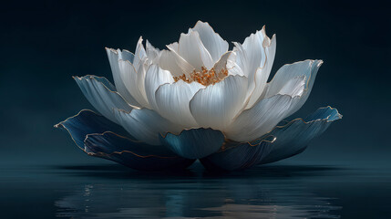 A striking and artistic close-up of a white lotus flower with subtly shaded petals, floating gracefully on a tranquil dark surface.