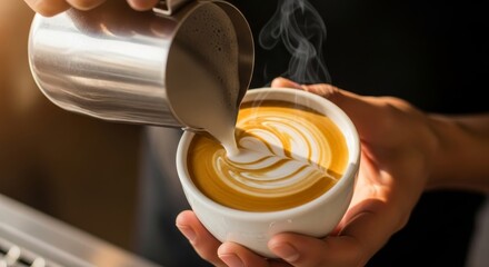 Skilled barista expertly pours steamed milk creating intricate latte art in a warm, inviting coffee cup, a moment of pure morning bliss.