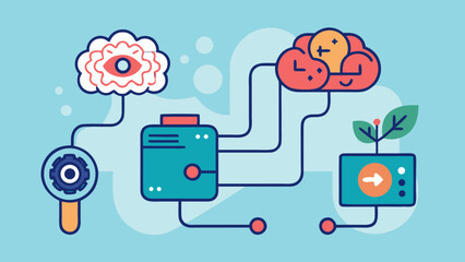 Artificial intelligence and conscious technology usage concept with brain, gear, and eco interface icons on blue background