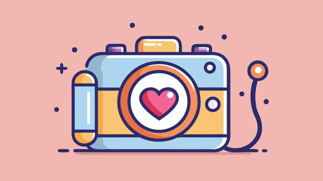 Cute camera with heart symbol in lens representing love for photography and creative expression on pink background