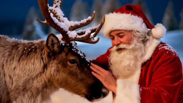 Caring for a reindeer in a snowy landscape at night. Santa Claus shows affection for his animal companion before Christmas delivery. Panning video moving to a close-up.