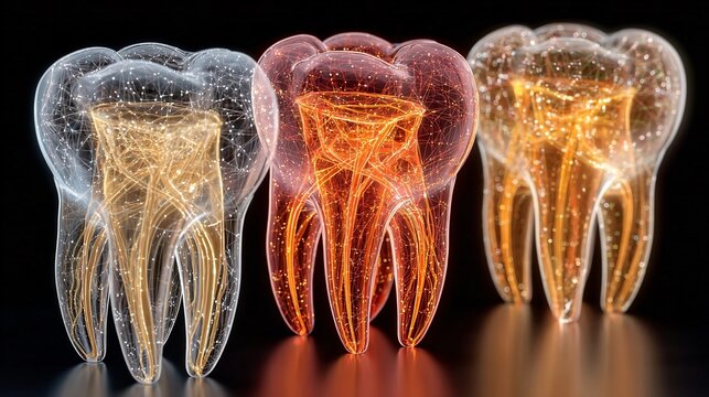 3D Rendered Visualization of Transparent Human Teeth with Nerves and Blood Vessels