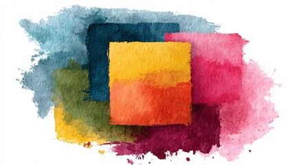Abstract colorful watercolor painting with overlapping geometric shapes on white background