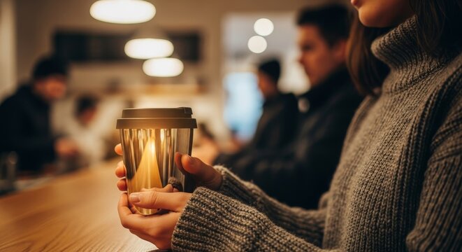 Cozy warmth and connection, a person holding a glowing candle in a coffee shop with friends blurred in the background, evoking comfort and community during a relaxing evening.